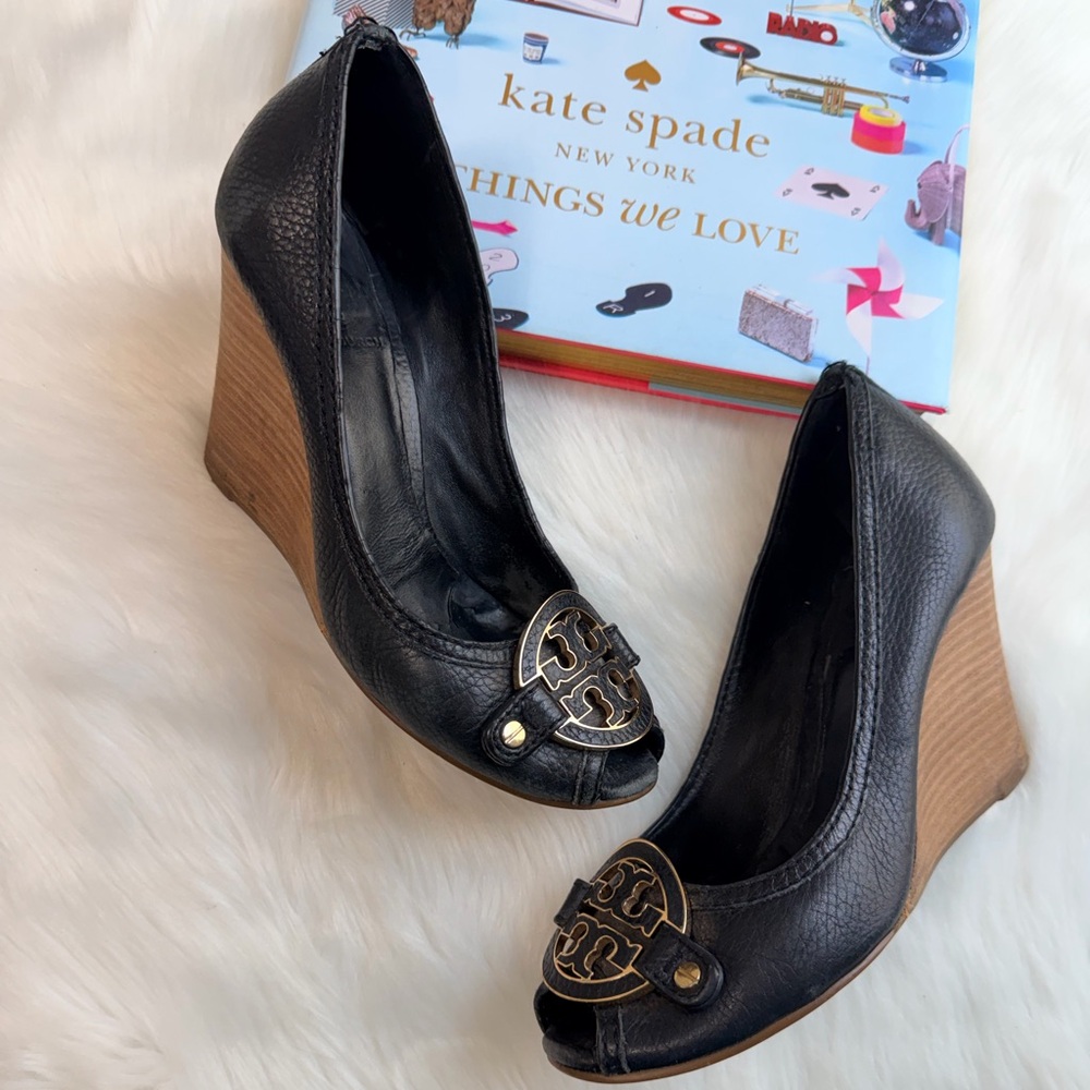 Tory Burch Black and Tan Wedge Peep Toe Shoes